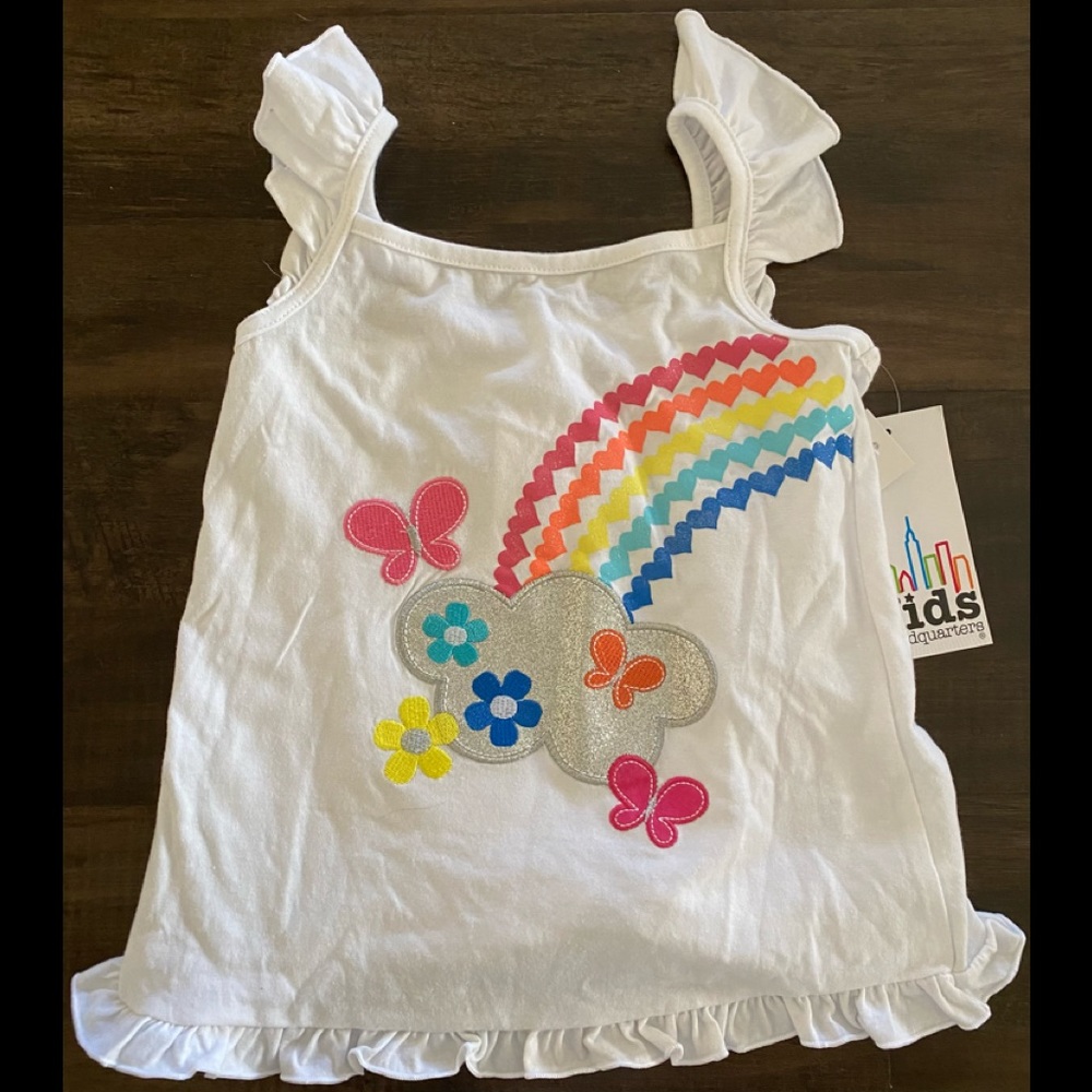 Girls Size 5 White Flower Butterfly Rainbow Tank Top Ruffles NEW